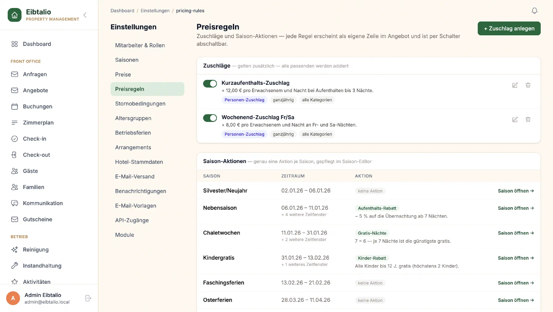 Preisregeln in Eibtalio: Zuschläge und Saison-Aktionen wie Freinächte und Kinderrabatte
