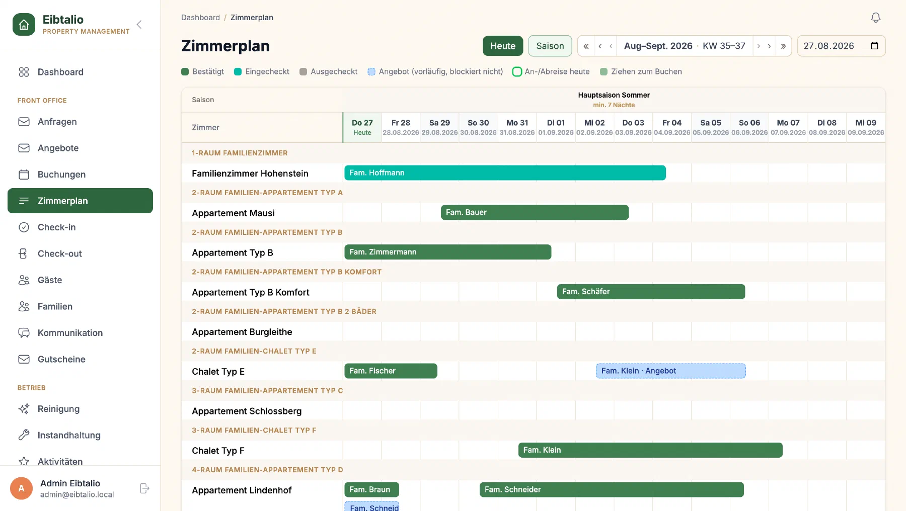 Zimmerplan mit Belegung und Buchungen in Eibtalio