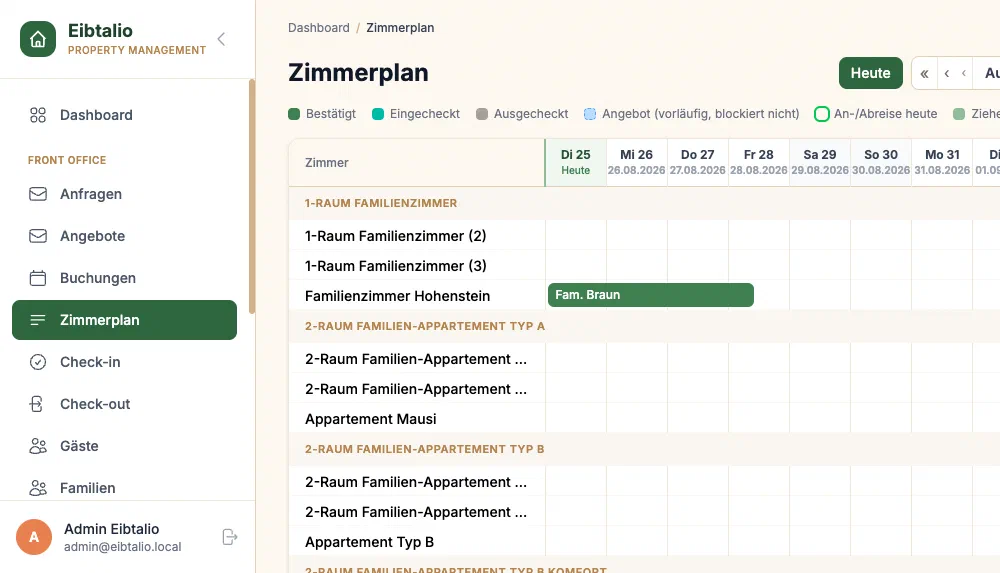 Zimmerplan mit Belegung und Buchungen in Eibtalio